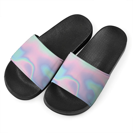 Holographic Waves Print Black Slide Sandals