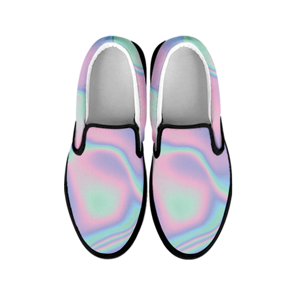 Holographic Waves Print Black Slip On Shoes