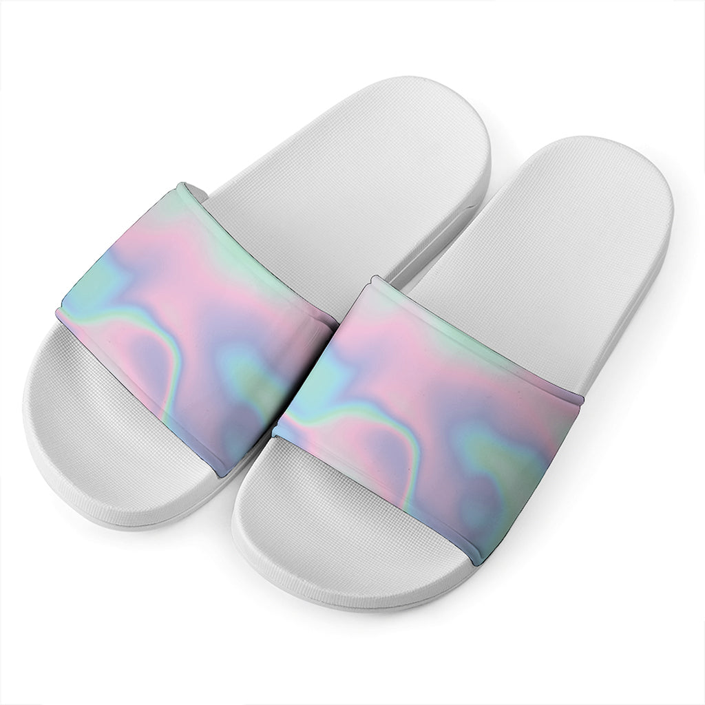 Holographic Waves Print White Slide Sandals