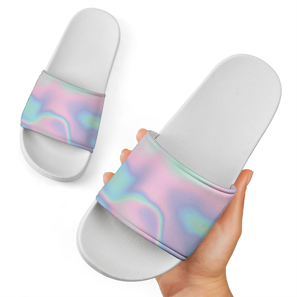 Holographic Waves Print White Slide Sandals