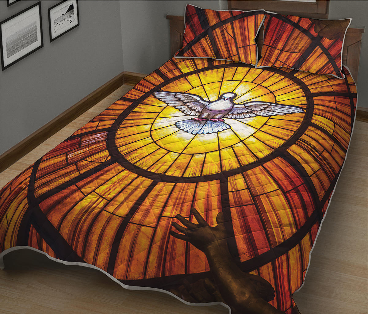 Holy Spirit Dove Stained Glass Print Quilt Bed Set