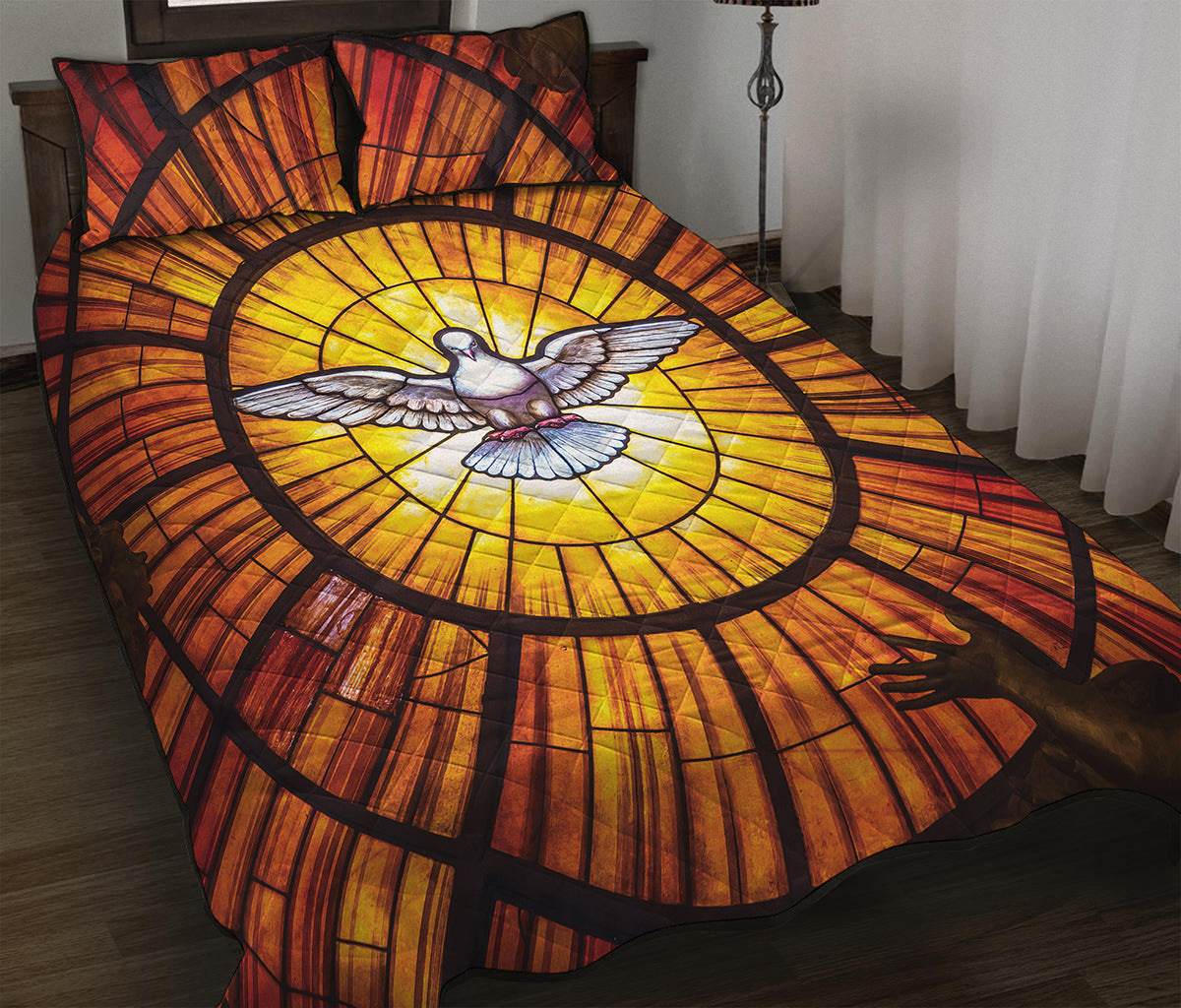 Holy Spirit Dove Stained Glass Print Quilt Bed Set