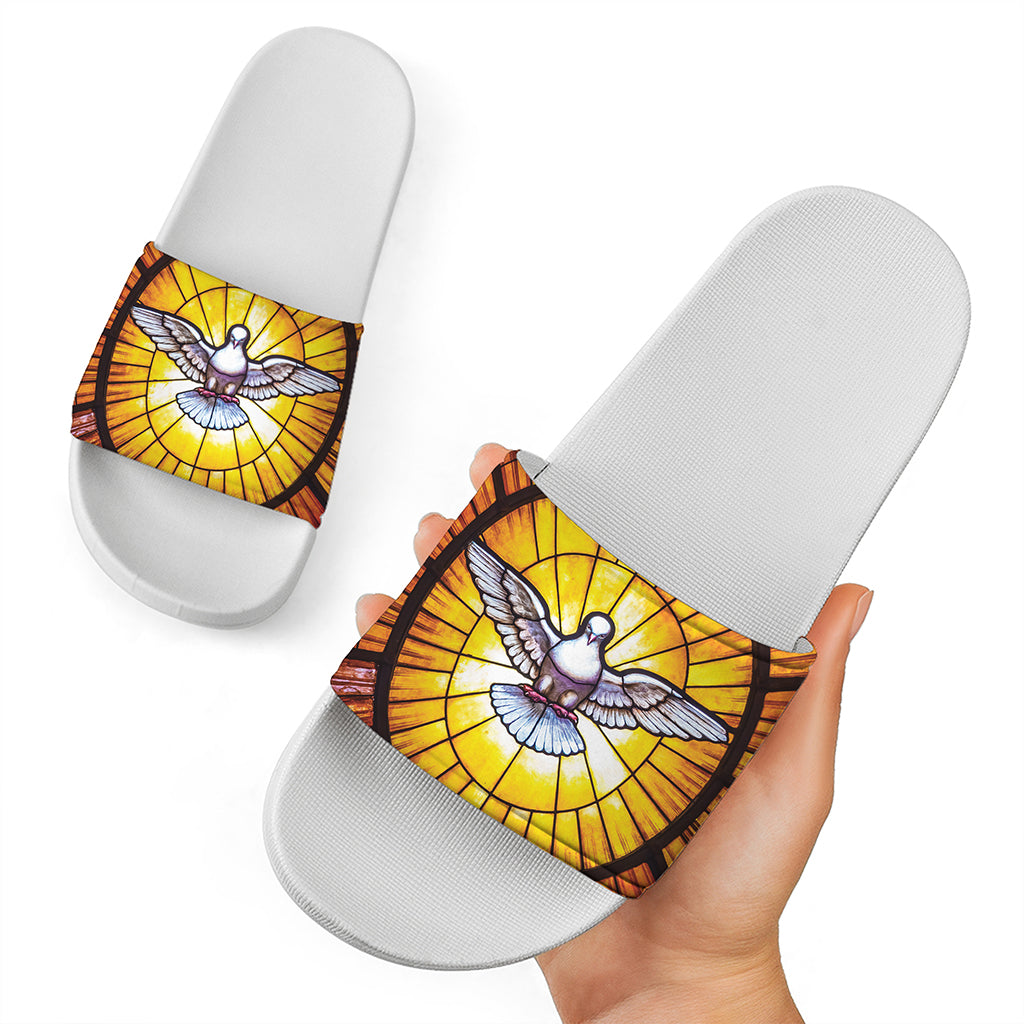 Holy Spirit Dove Stained Glass Print White Slide Sandals