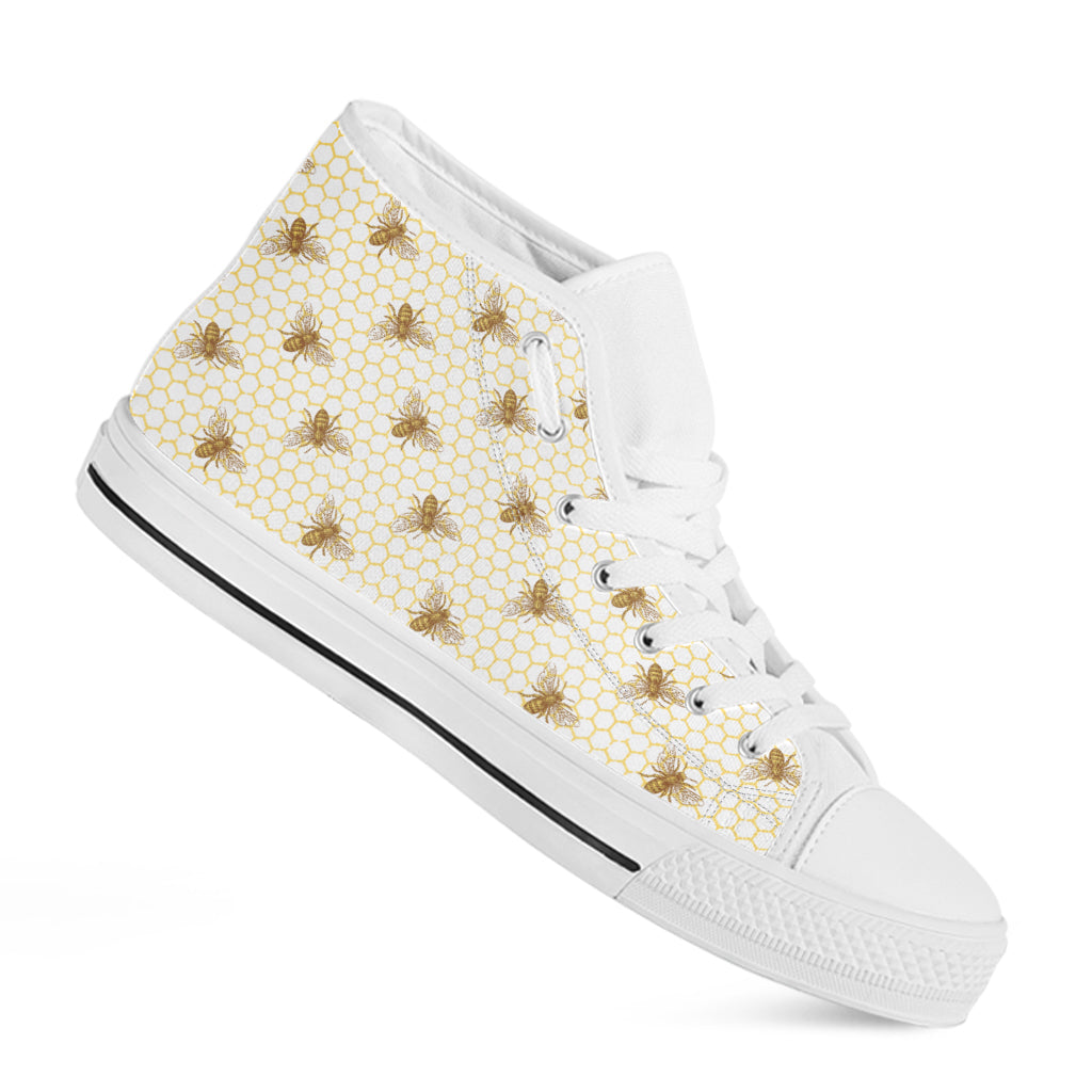 Honey Bee Hive Pattern Print White High Top Shoes