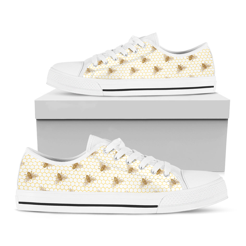 Honey Bee Hive Pattern Print White Low Top Shoes