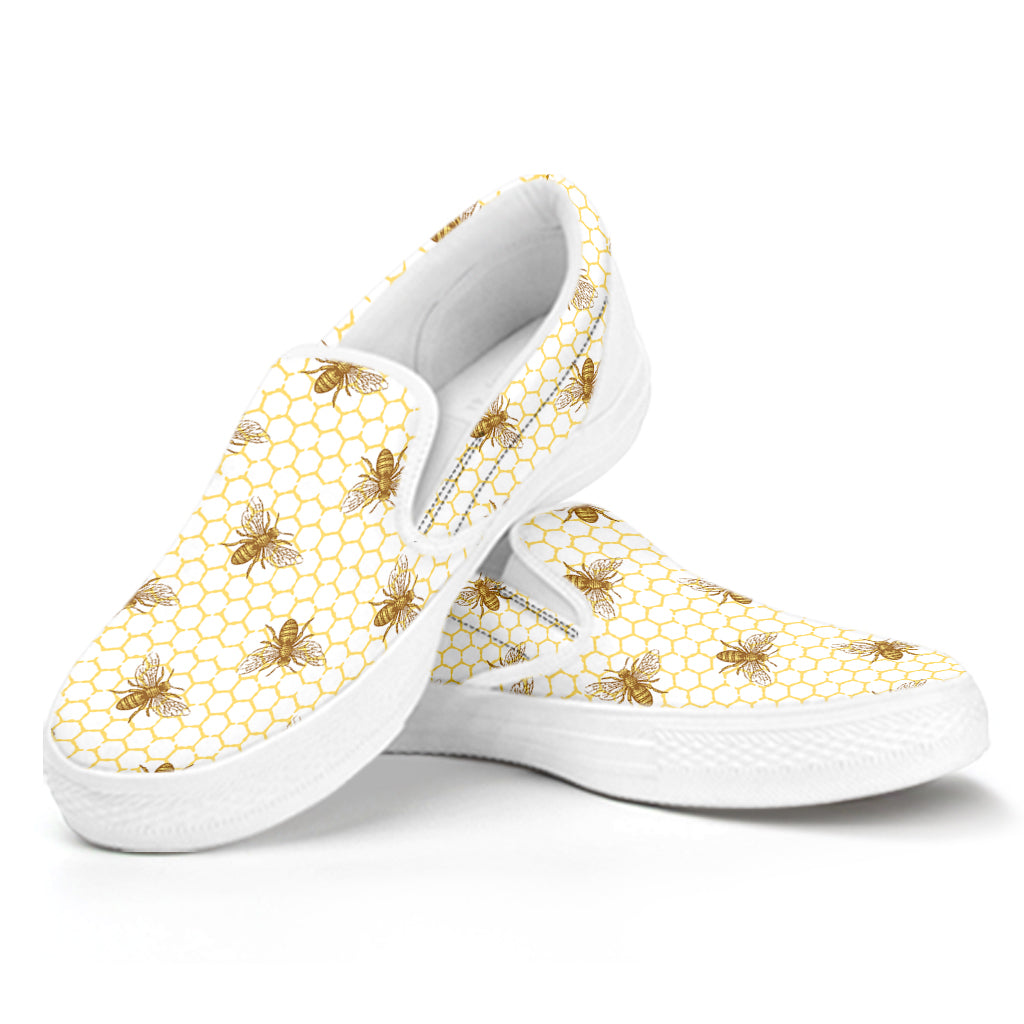 Honey Bee Hive Pattern Print White Slip On Shoes