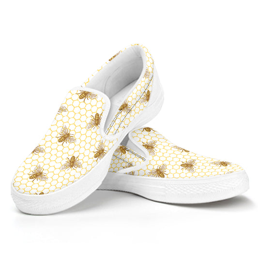 Honey Bee Hive Pattern Print White Slip On Shoes