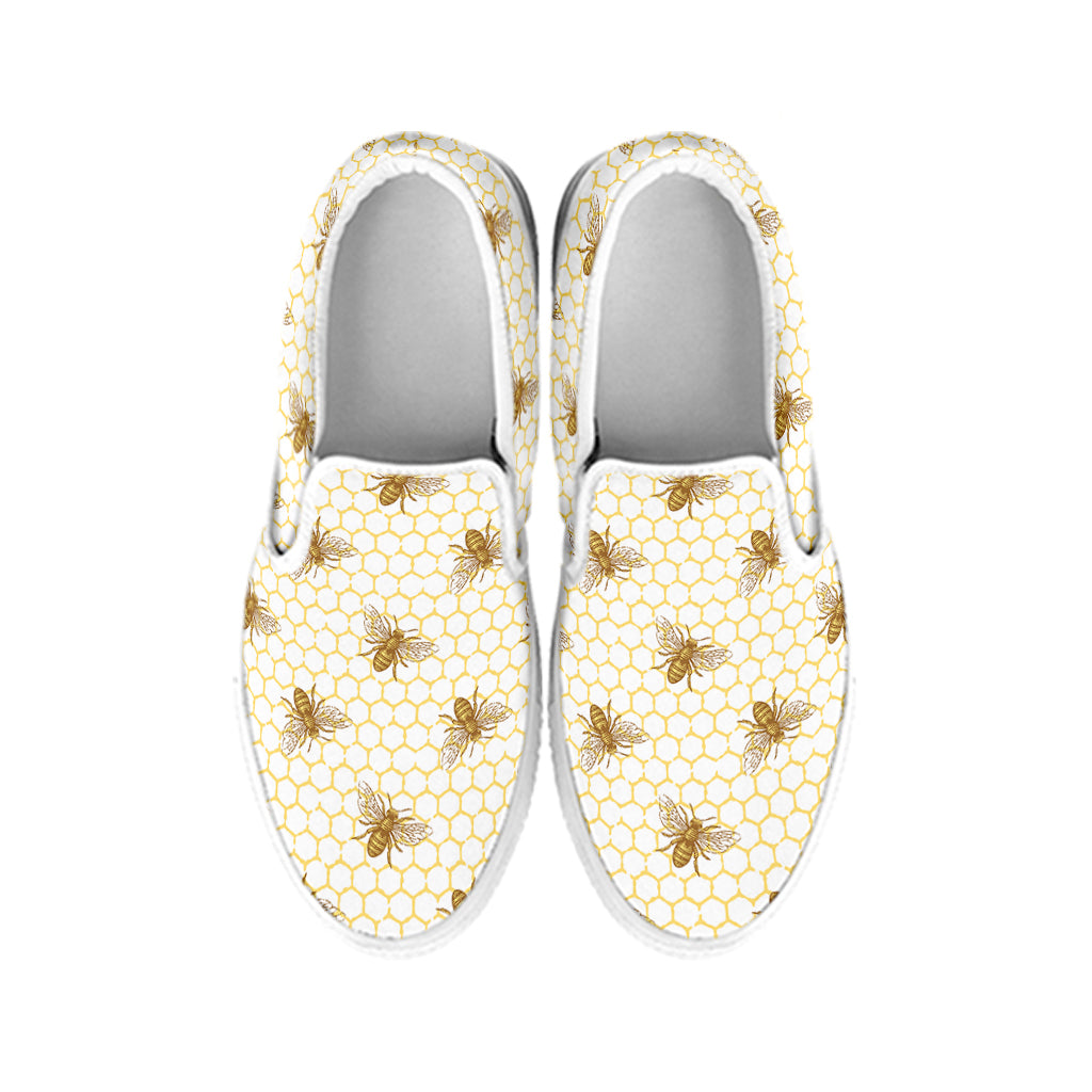 Honey Bee Hive Pattern Print White Slip On Shoes