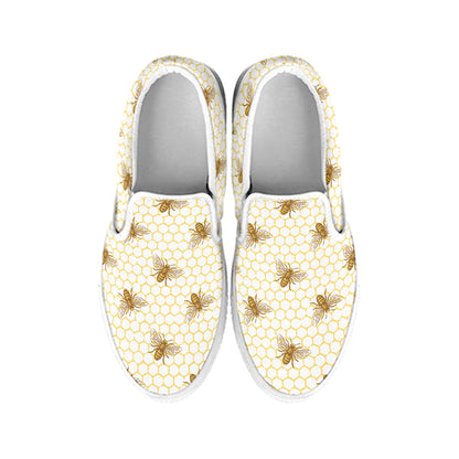 Honey Bee Hive Pattern Print White Slip On Shoes