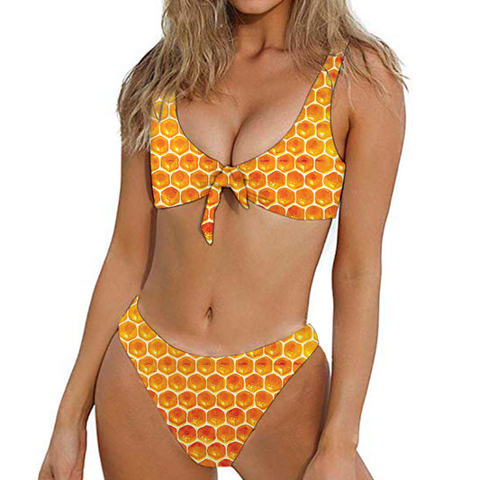 Honey Bee Hive Print Front Bow Tie Bikini