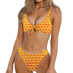 Honey Bee Hive Print Front Bow Tie Bikini