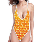 Honey Bee Hive Print One Piece High Cut Swimsuit