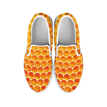 Honey Bee Hive Print White Slip On Shoes