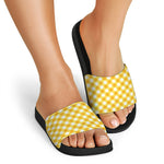 Honey Yellow And White Gingham Print Black Slide Sandals