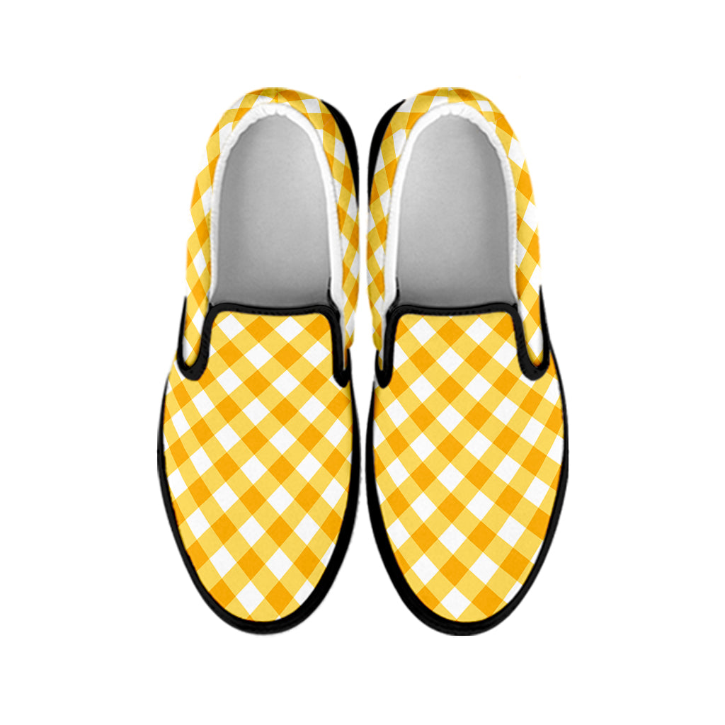 Honey Yellow And White Gingham Print Black Slip On Shoes