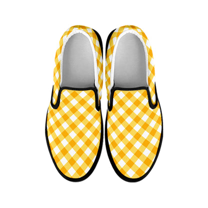 Honey Yellow And White Gingham Print Black Slip On Shoes