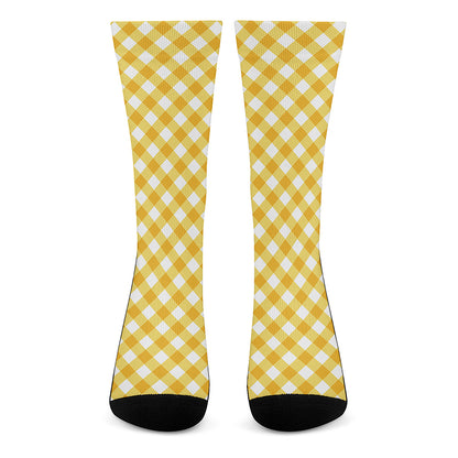 Honey Yellow And White Gingham Print Crew Socks