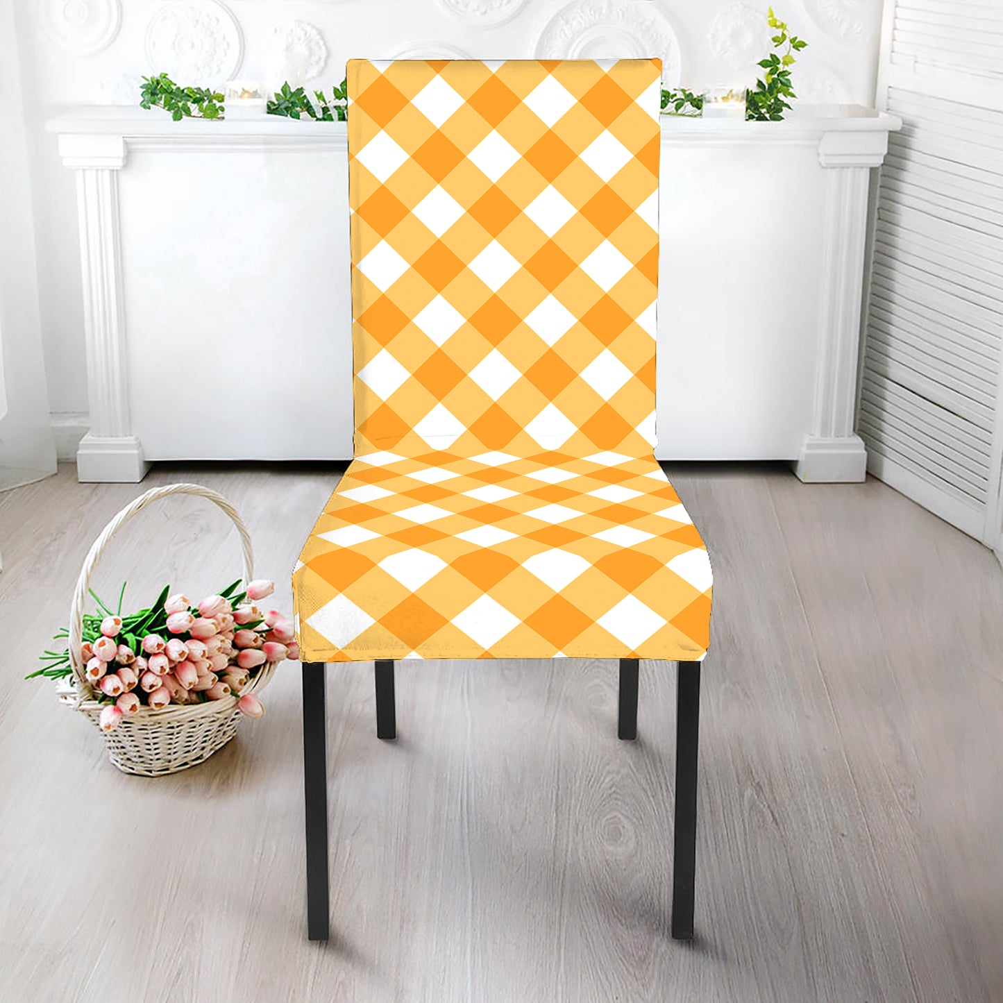 Honey Yellow And White Gingham Print Dining Chair Slipcover