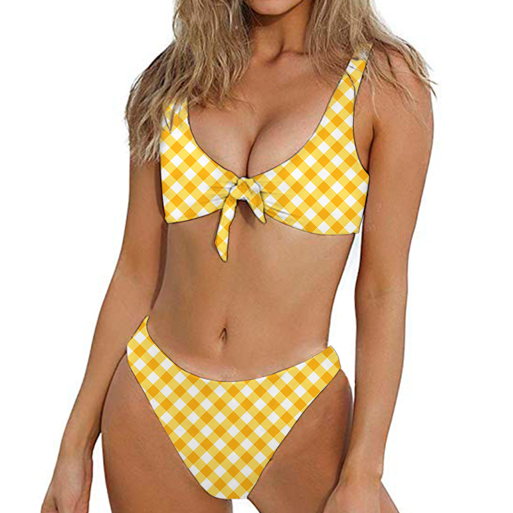 Honey Yellow And White Gingham Print Front Bow Tie Bikini