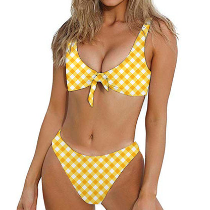 Honey Yellow And White Gingham Print Front Bow Tie Bikini