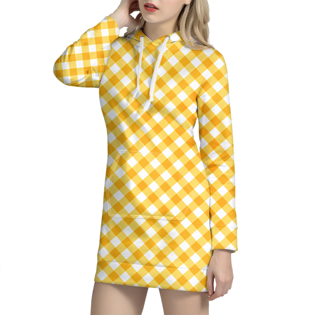 Honey Yellow And White Gingham Print Hoodie Dress