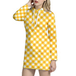 Honey Yellow And White Gingham Print Hoodie Dress