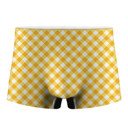 Honey Yellow And White Gingham Print Men's Boxer Briefs
