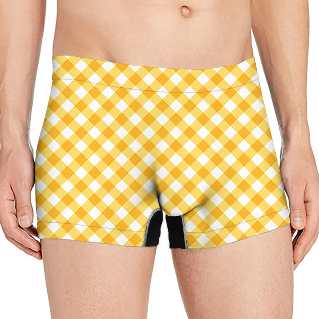 Honey Yellow And White Gingham Print Men's Boxer Briefs