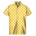 Honey Yellow And White Gingham Print Men's Short Sleeve Shirt