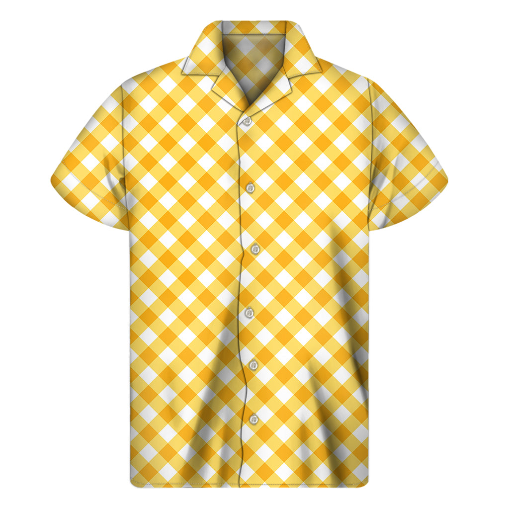 Honey Yellow And White Gingham Print Men's Short Sleeve Shirt