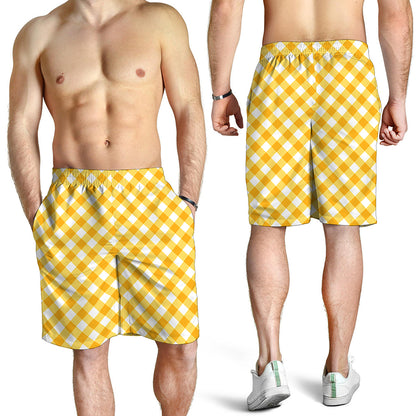 Honey Yellow And White Gingham Print Men's Shorts