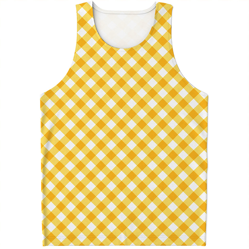 Honey Yellow And White Gingham Print Men's Tank Top