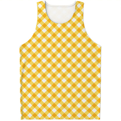 Honey Yellow And White Gingham Print Men's Tank Top