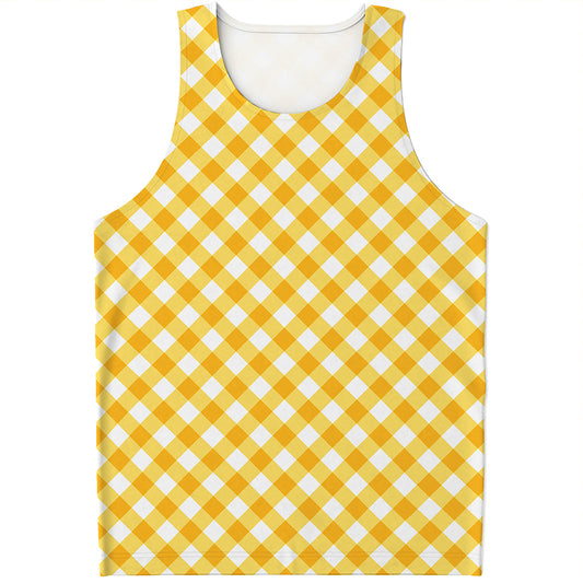 Honey Yellow And White Gingham Print Men's Tank Top