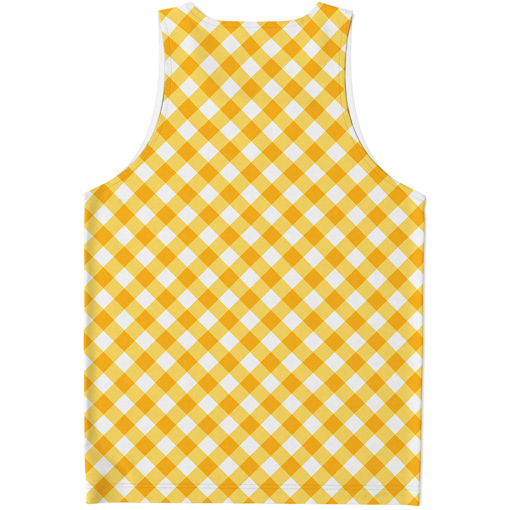 Honey Yellow And White Gingham Print Men's Tank Top
