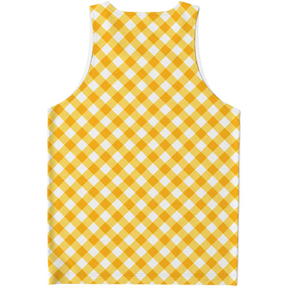 Honey Yellow And White Gingham Print Men's Tank Top