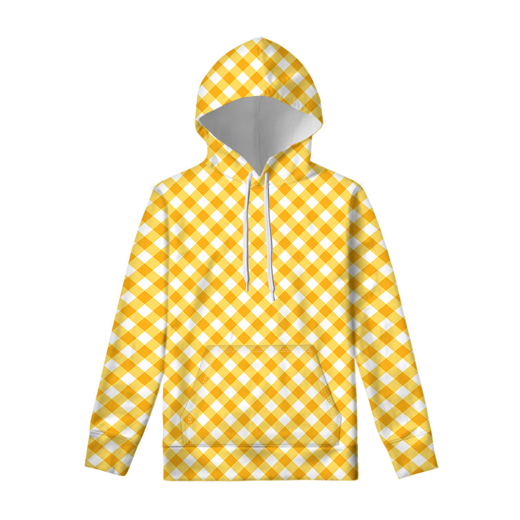Honey Yellow And White Gingham Print Pullover Hoodie
