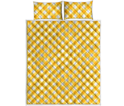 Honey Yellow And White Gingham Print Quilt Bed Set