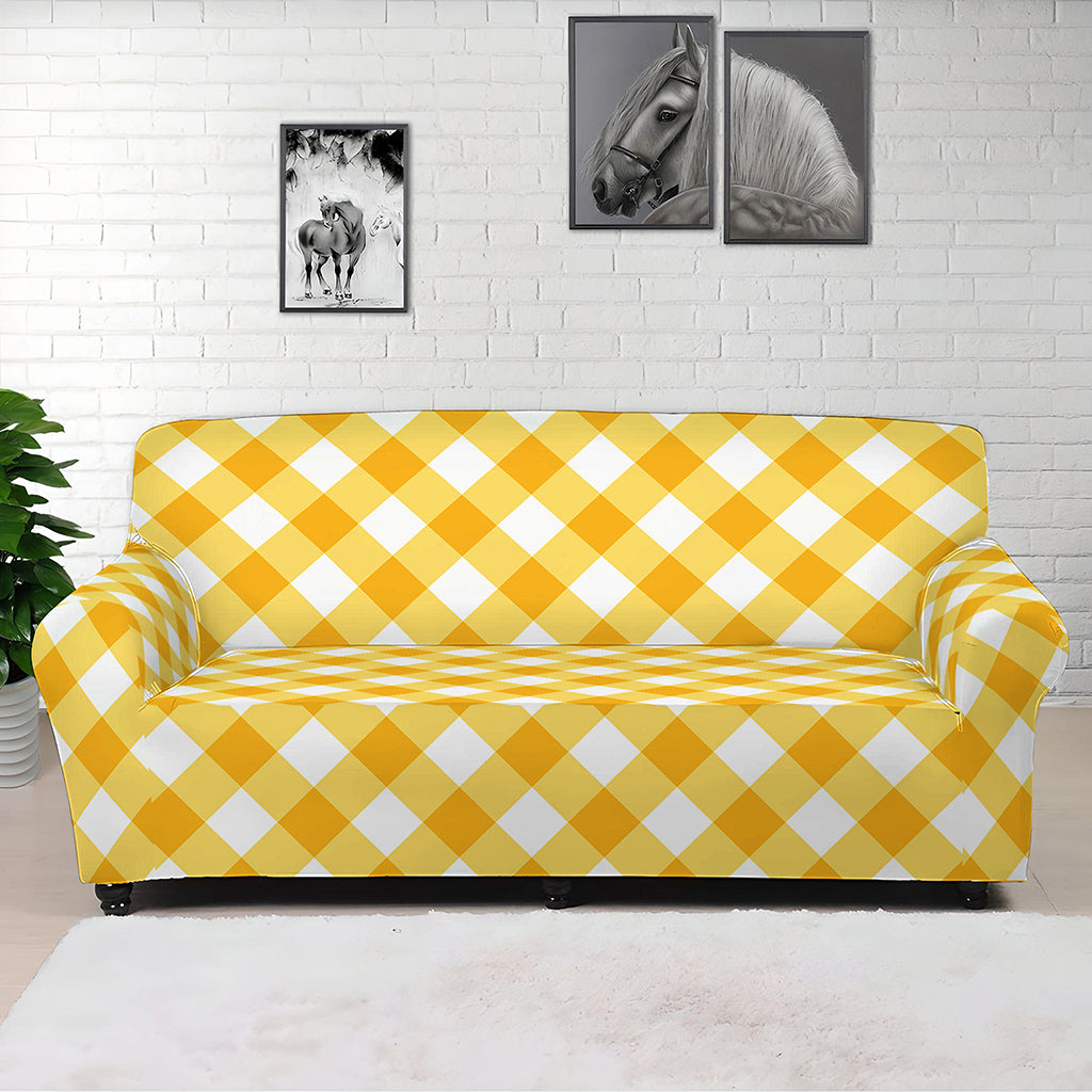 Honey Yellow And White Gingham Print Sofa Cover