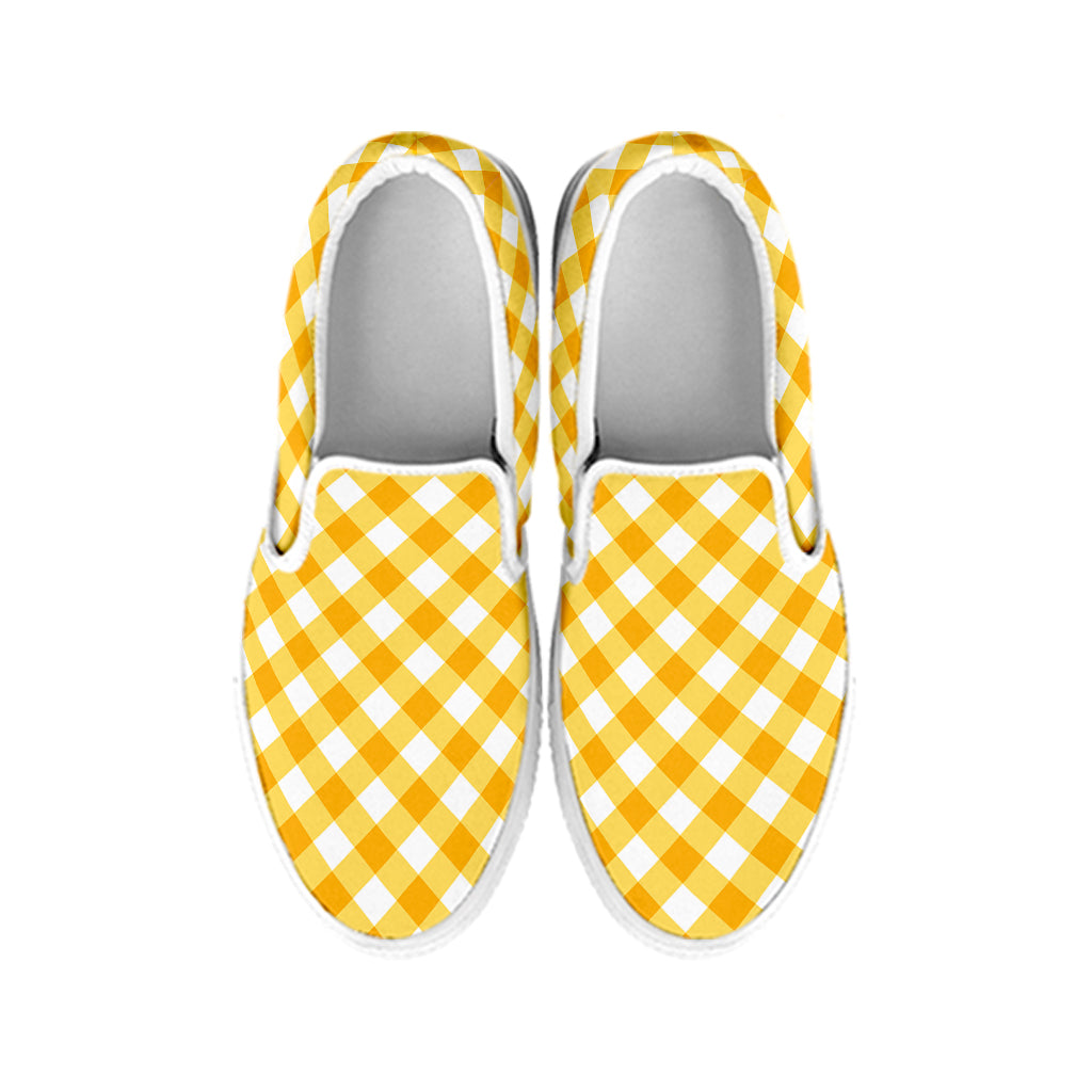 Honey Yellow And White Gingham Print White Slip On Shoes
