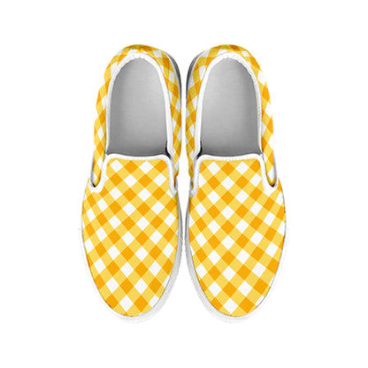 Honey Yellow And White Gingham Print White Slip On Shoes