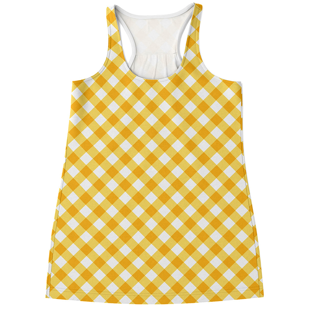 Honey Yellow And White Gingham Print Women's Racerback Tank Top