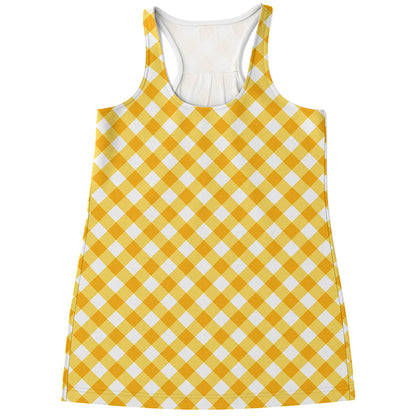 Honey Yellow And White Gingham Print Women's Racerback Tank Top