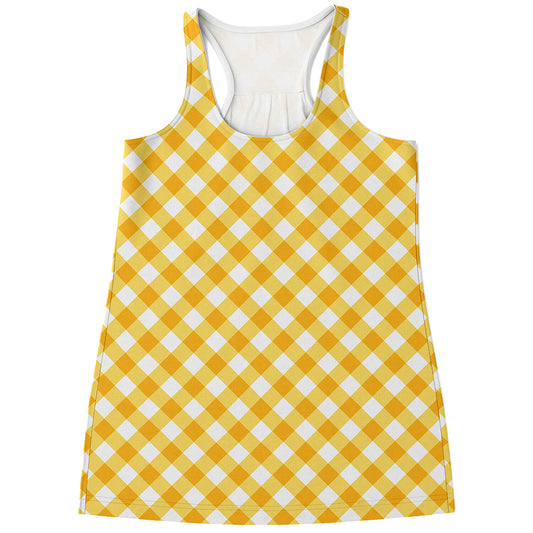 Honey Yellow And White Gingham Print Women's Racerback Tank Top