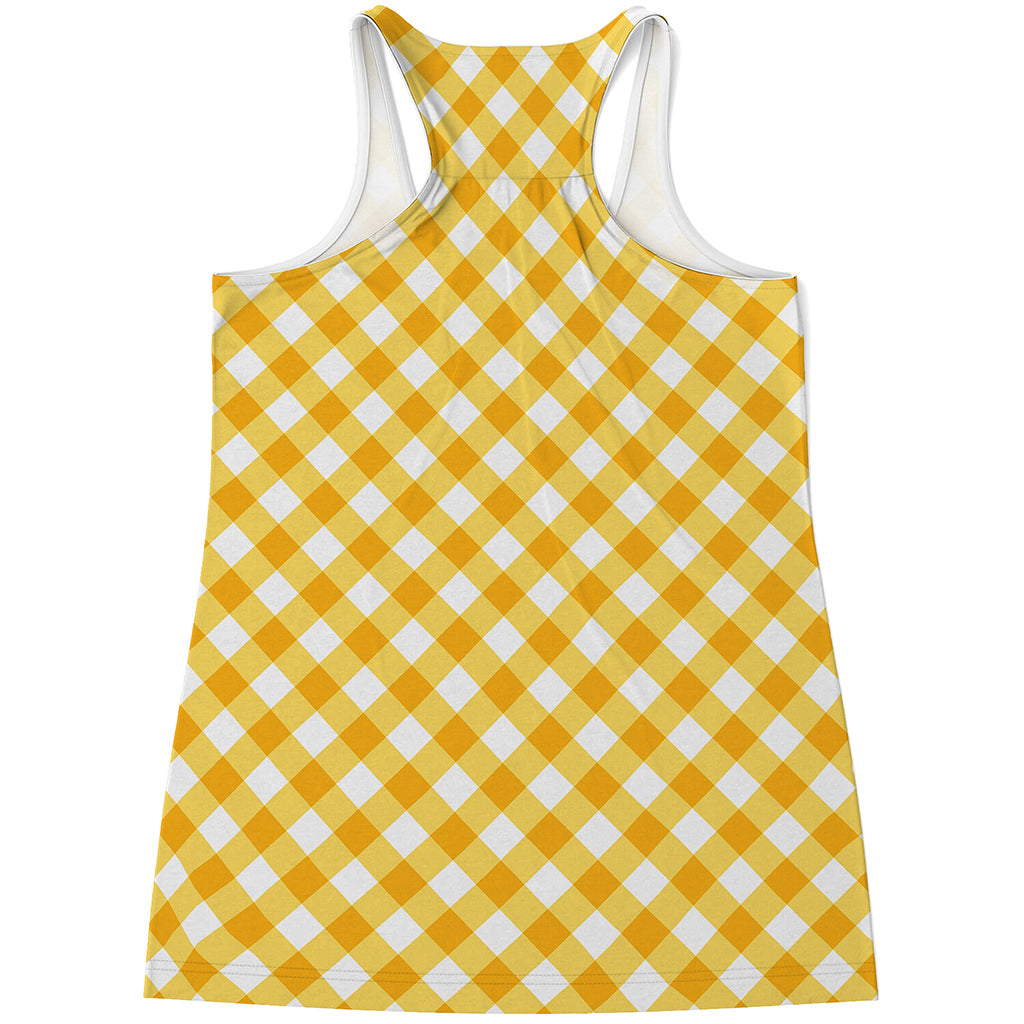 Honey Yellow And White Gingham Print Women's Racerback Tank Top