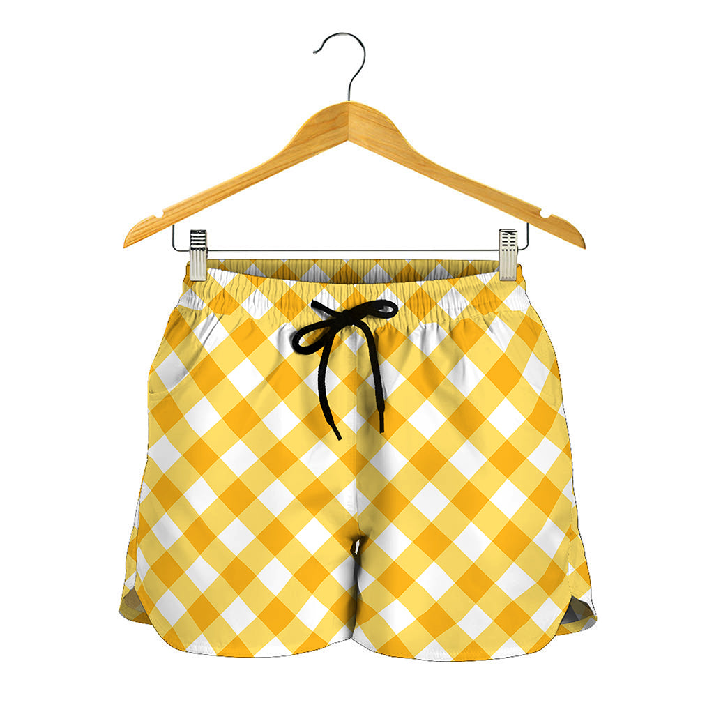 Honey Yellow And White Gingham Print Women's Shorts