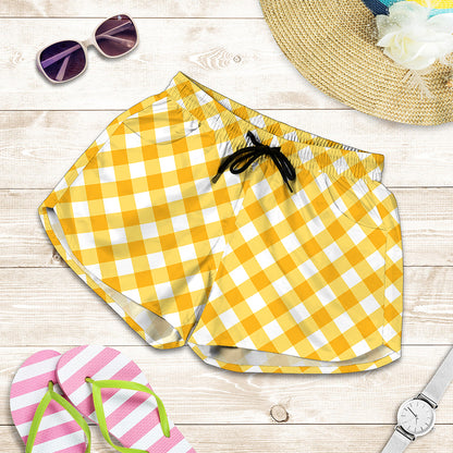 Honey Yellow And White Gingham Print Women's Shorts