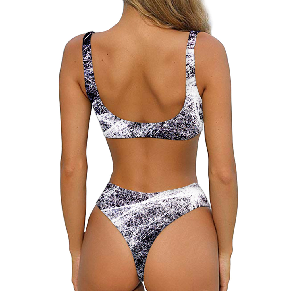 Horror Cobweb Print Front Bow Tie Bikini