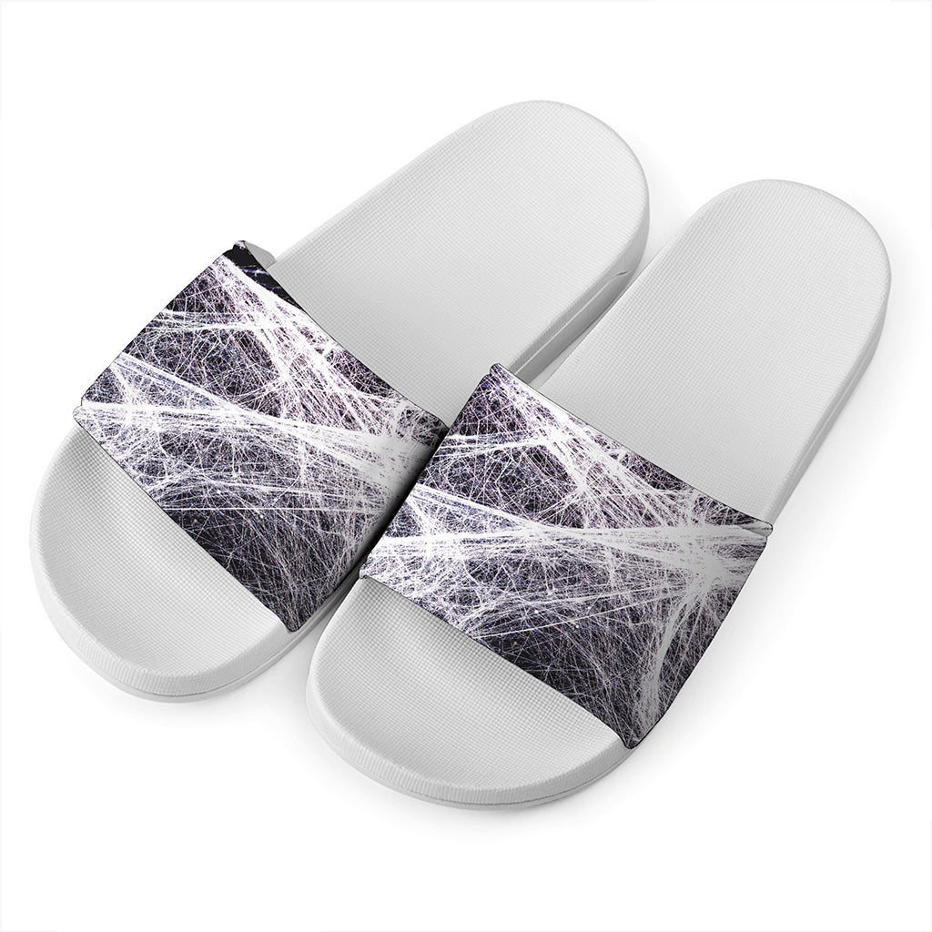 Horror Cobweb Print White Slide Sandals