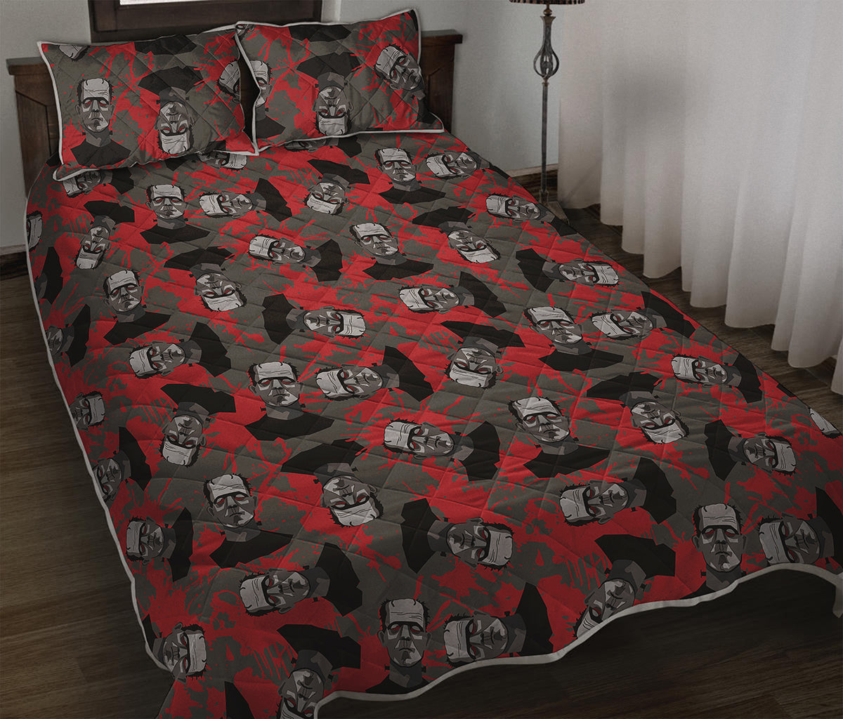 Horror Frankenstein Pattern Print Quilt Bed Set